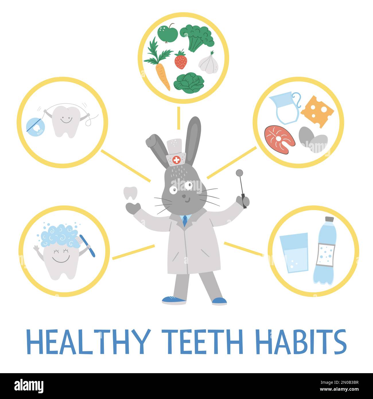 Illustration gesunder Zahngewohnheiten. Süße zahnärztliche Infografiken für Kinder. Lustige Vektorvorlage mit niedlichem, lächelndem Arzthasen. Zahnärztliches Pflegebild Stock Vektor