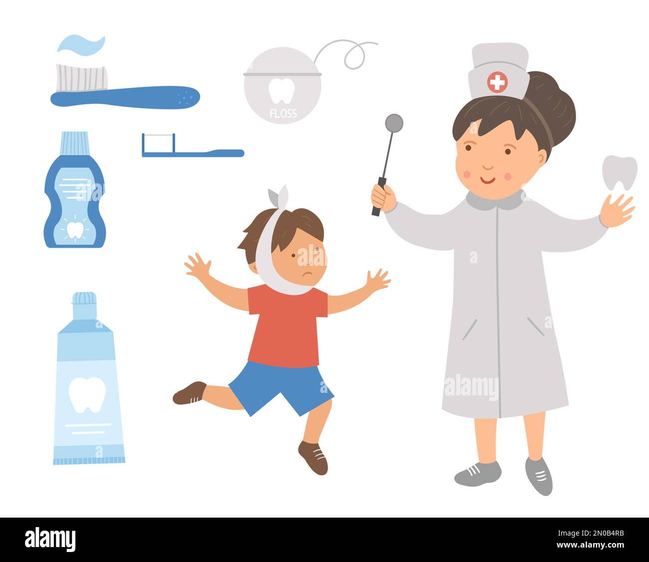 Zahnarzt und kranke Kinderpatienten-Vektordarstellung. Süße Zahnärzte und zahnärztliche Pflegewerkzeuge für Kinder. Das Mundhygienebild für Kinder. Zahnbehandlung Stock Vektor