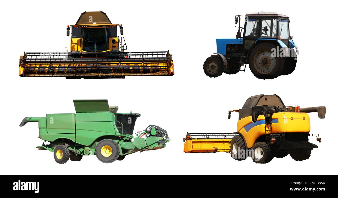 Satz verschiedener landwirtschaftlicher Maschinen auf weißem Hintergrund. Bannerdesign Stockfoto