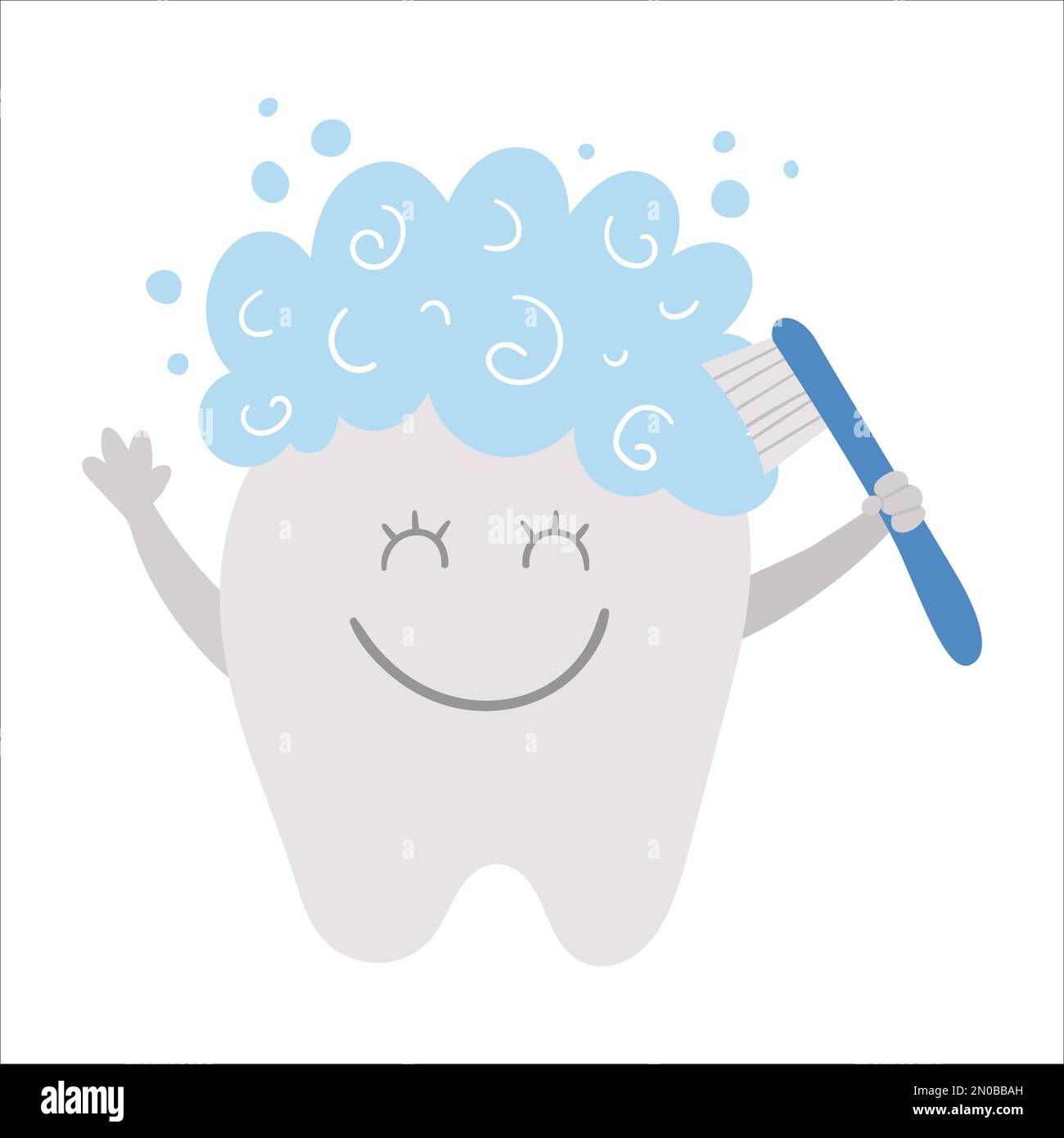 Süßer Kawaii-Zahn, der sich selbst mit einer Zahnbürste putzt. Symbol für Vektorzähne für die Konstruktion von Kindern. Lustiges Kinderzahnpflegebild. zahnarzt-Baby-Klinik-cli Stock Vektor