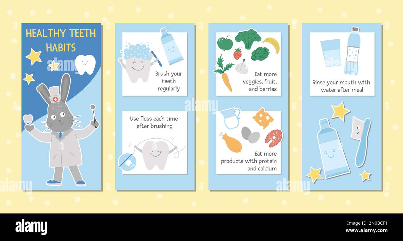 Süßes Broschürendesign für Kinder. Vektorlustige stomatologische Informationsbroschüre mit niedlichen lächelnden Figuren. Gesunde Zahngewohnheiten Infokarte t Stock Vektor