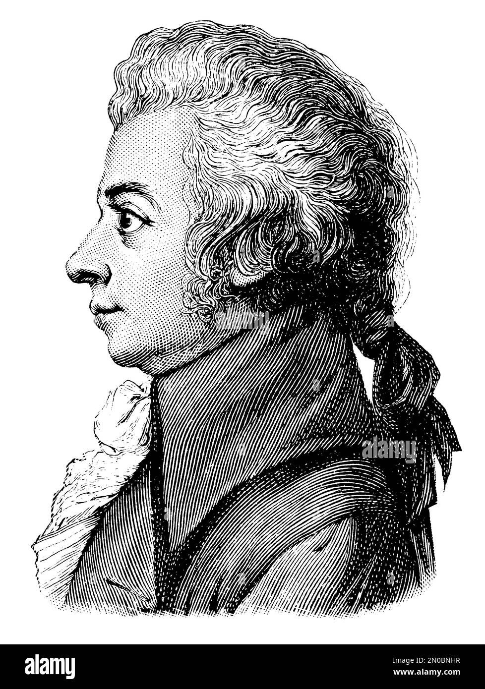 Gravur eines Porträts von Wolfgang Amadeus Mozart aus dem 19. Jahrhundert (isoliert auf Weiß). Komponist der klassischen Zeit. Er wurde am 27. Januar 1756 geboren Stockfoto