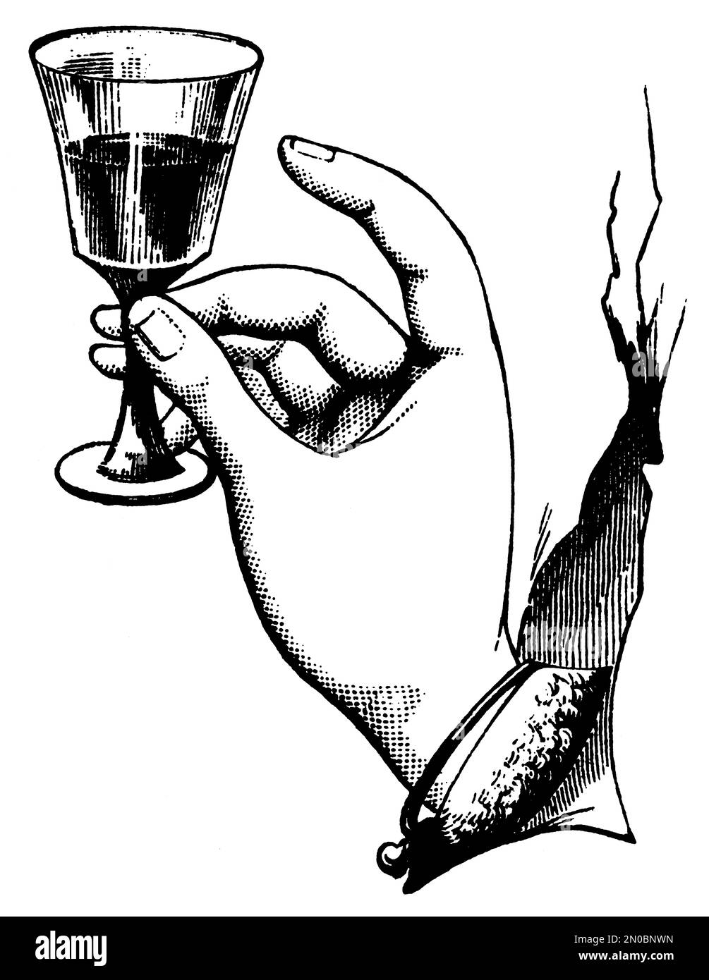 Abbildung aus dem 19. Jahrhundert mit einer menschlichen Hand, die ein Glas hält (isoliert auf Weiß). Veröffentlicht in Systematic Bilder-Atlas zum Conversations-Lexikon, Ikono Stockfoto