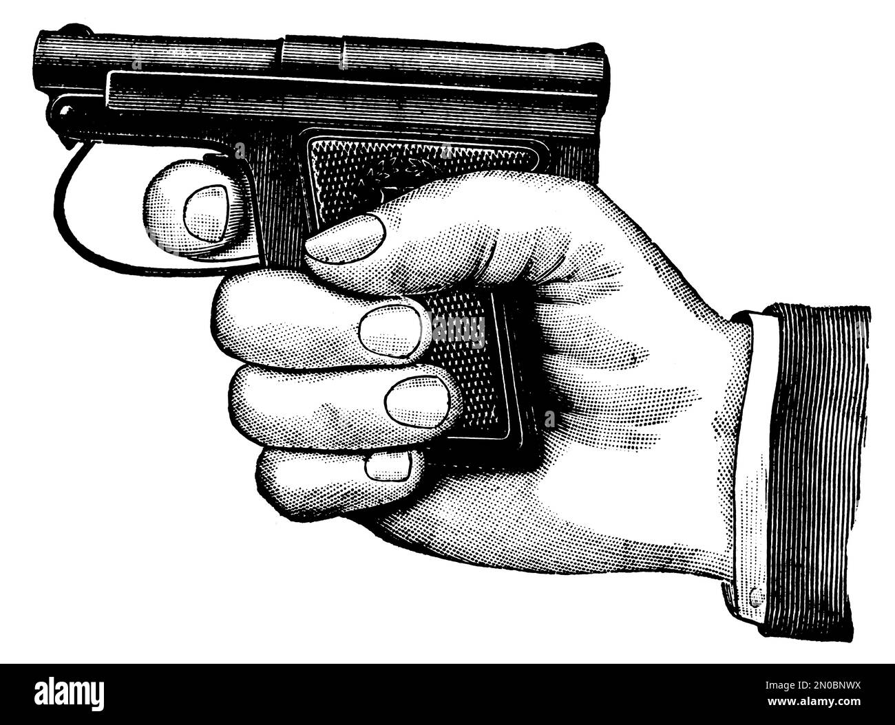 Gravur einer menschlichen Hand mit Pistole aus dem 19. Jahrhundert (isoliert auf weiß). Veröffentlicht in Systematic Bilder-Atlas zum Conversations-Lexikon, Ikonogr Stockfoto