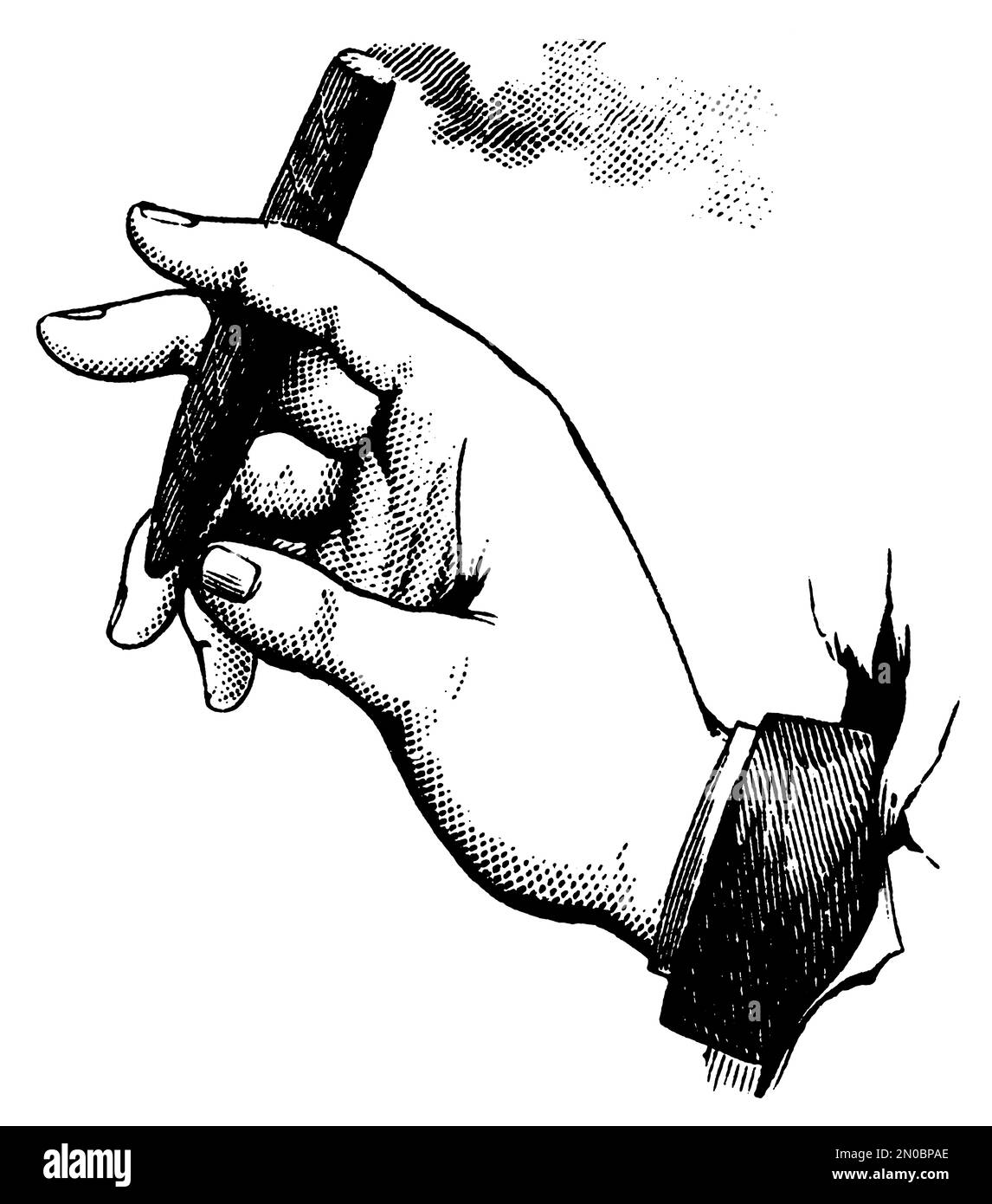 Antike Gravur aus dem 19. Jahrhundert in der Hand des Menschen mit einer Zigarre (isoliert auf weiß). Veröffentlicht in Systematic Bilder-Atlas zum Conversations-Lexikon, Stockfoto