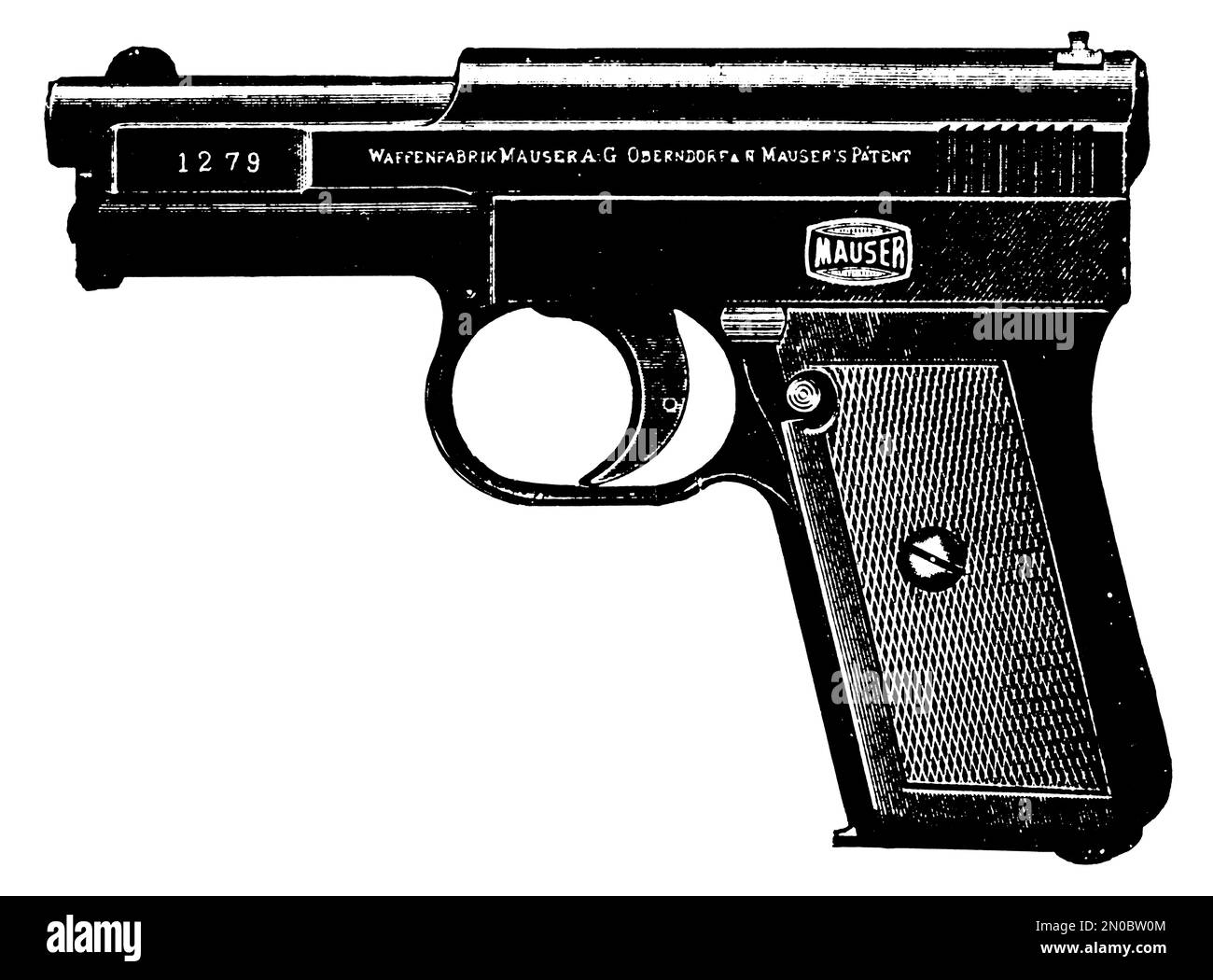 Gravur einer Mauser-Taschenpistole aus dem 19. Jahrhundert, die frühe halbautomatische Pistolentechnologie und kompakte deutsche Waffenkonstruktion veranschaulicht. Stockfoto