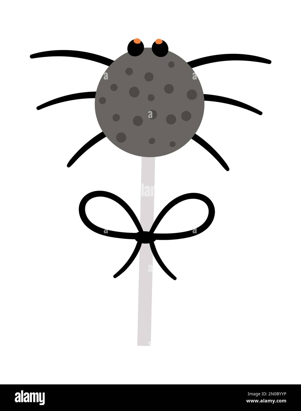 Vector Sweet für Süßes oder Saures. Unheimliche Spinne wie Lutscher mit schwarzer Schleife. Traditionelles Essen für Halloween-Partys. Insektenförmiges Dessert isoliert auf w Stock Vektor