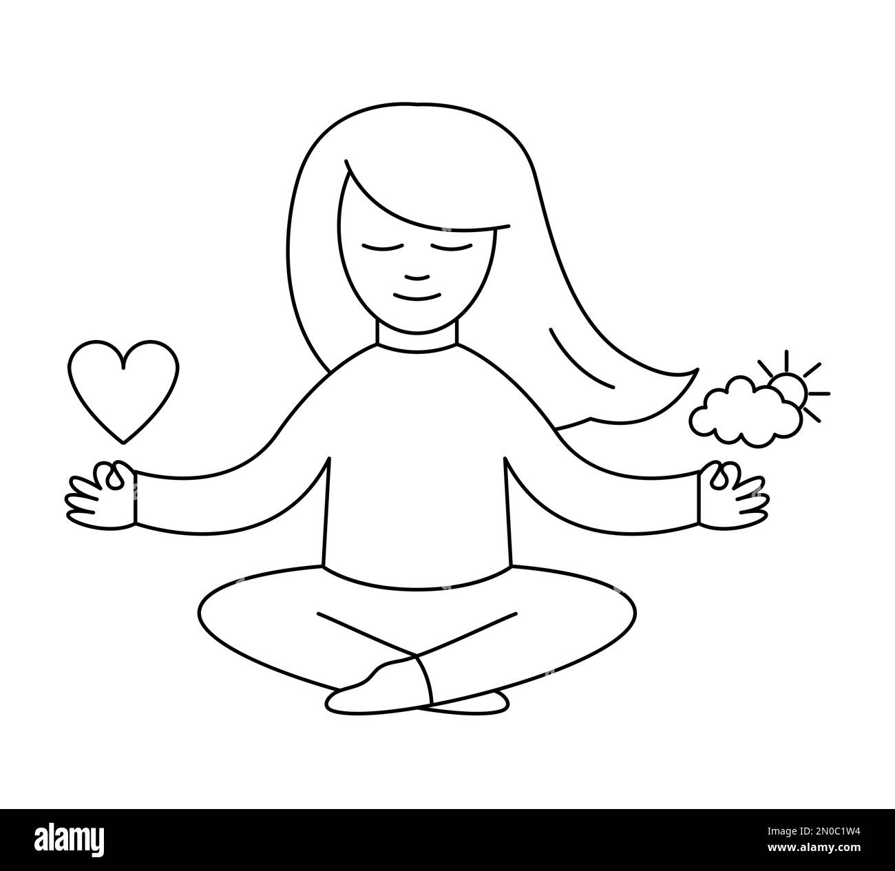 Vektormädchen sitzt in entspannter Pose mit winkenden Haaren, hält das Herz in der einen Hand und Sonne und Wolke in der anderen Hand. Symbol für Meditationslinie. Ewige har Stock Vektor