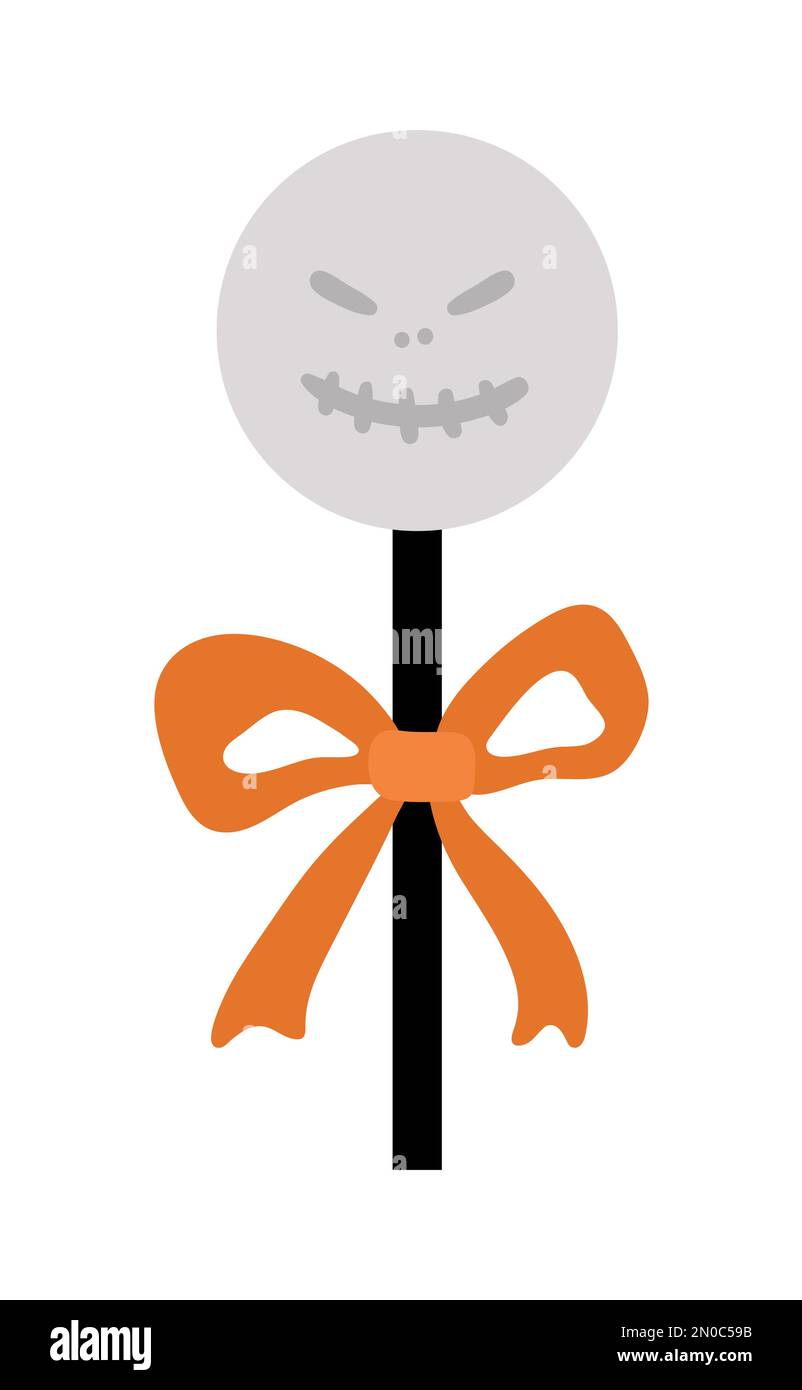 Vector Sweet für Süßes oder Saures. Ein gruseliger Geist wie Lollypop mit orangefarbener Schleife. Traditionelles Essen für Halloween-Partys. Monsterförmiges Dessert, isoliert auf Stock Vektor