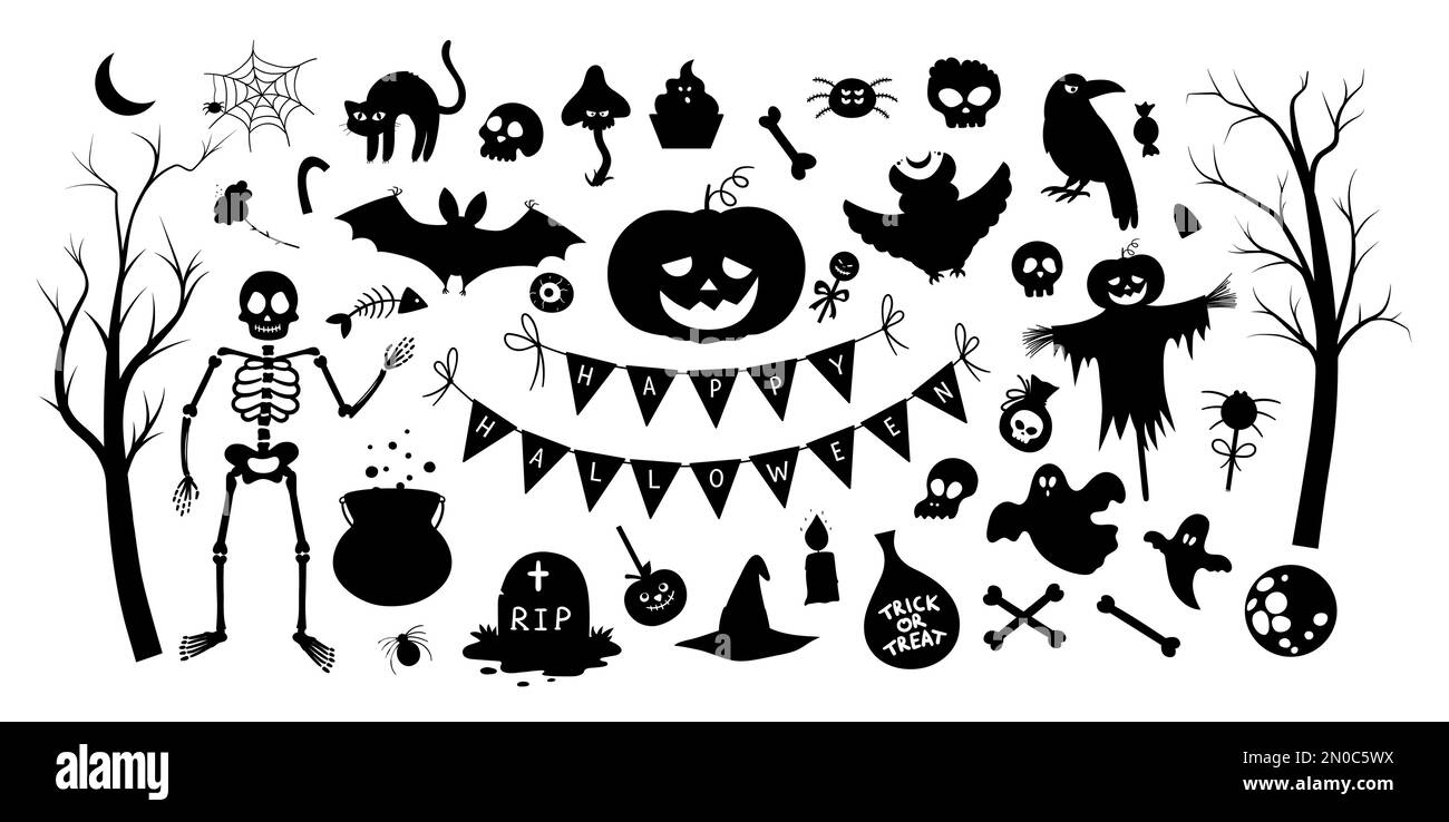 Große Halloween-Silhouettenelemente. Traditionelle Samhain-Party in Schwarz und Weiß. Gruselige Schattensammlung mit Jack-o-Laterne, spide Stock Vektor