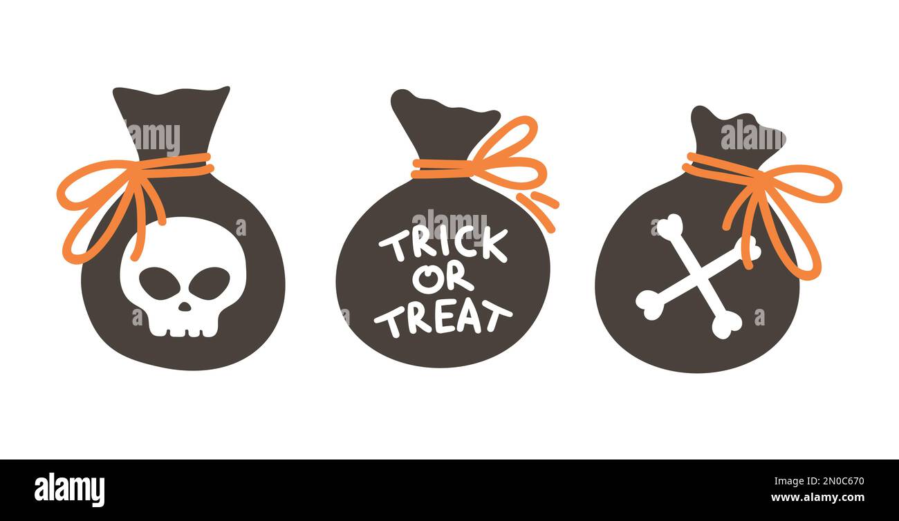 Set aus Vektorsäcken mit Süßigkeiten für Süßes- oder Leckereien. Traditionelle Halloween-Partyelemente. Gruselige Säcke mit Schädel- und Knochensammlung. Samhain des Stock Vektor