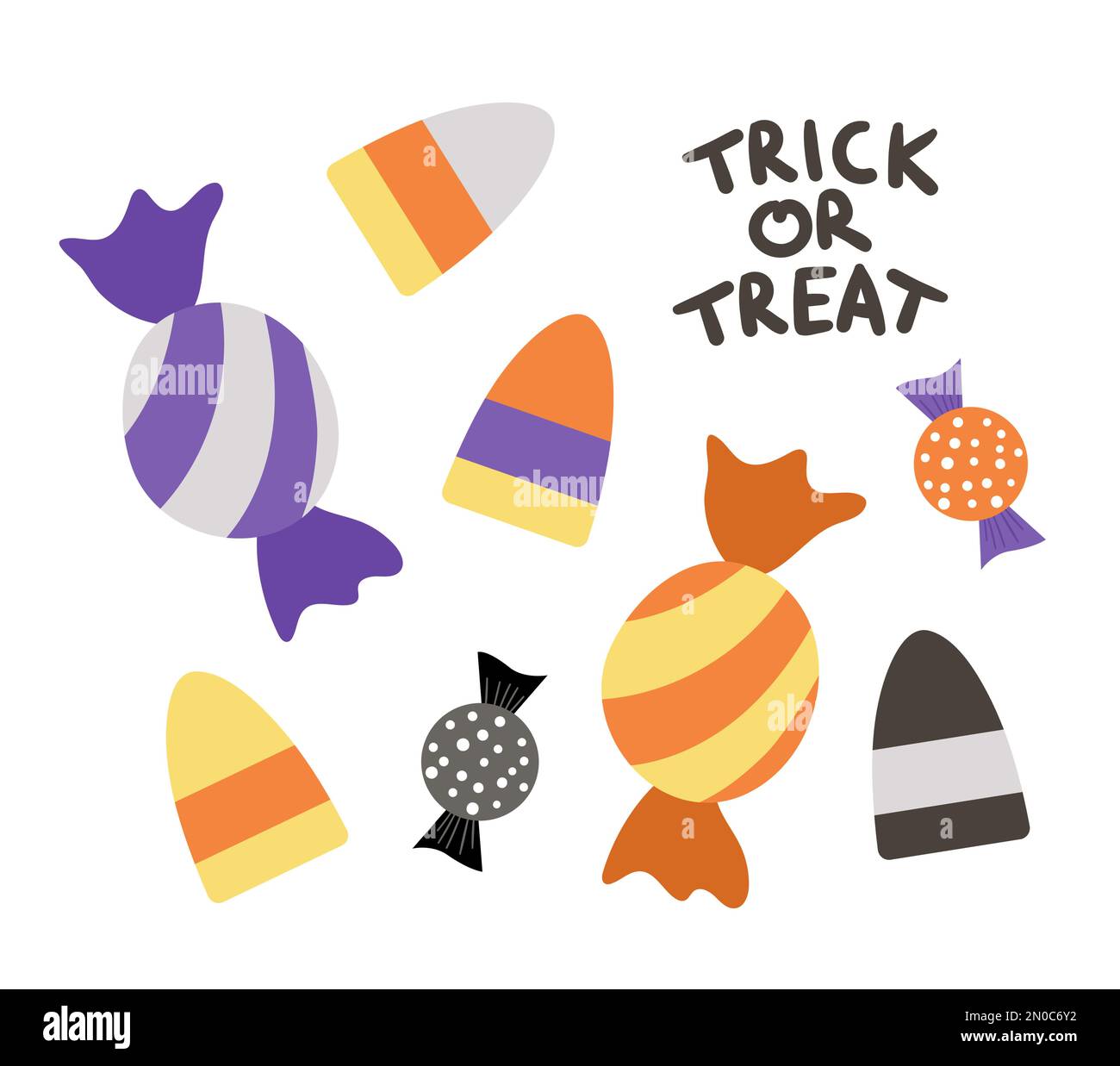 Set mit Vektorsüßen für Süßes- oder Süßes-Spiel. Traditionelles Essen für Halloween-Partys. Unheimliche Karamell-Süßigkeiten-Sammlung. Gestreifte lila und orangefarbene Desserts Stock Vektor