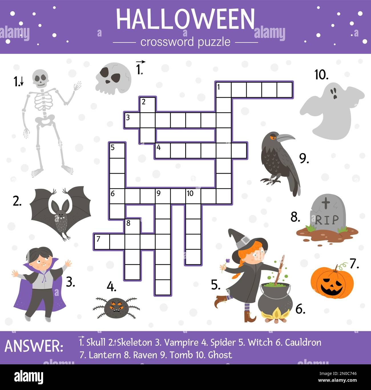 Vector-Halloween-Kreuzworträtsel für Kinder. Einfaches Quiz mit allen Objekten des Heiligen Tages für Kinder. Pädagogische Aktivität mit traditionellen gruseligen Gegenständen, Stock Vektor