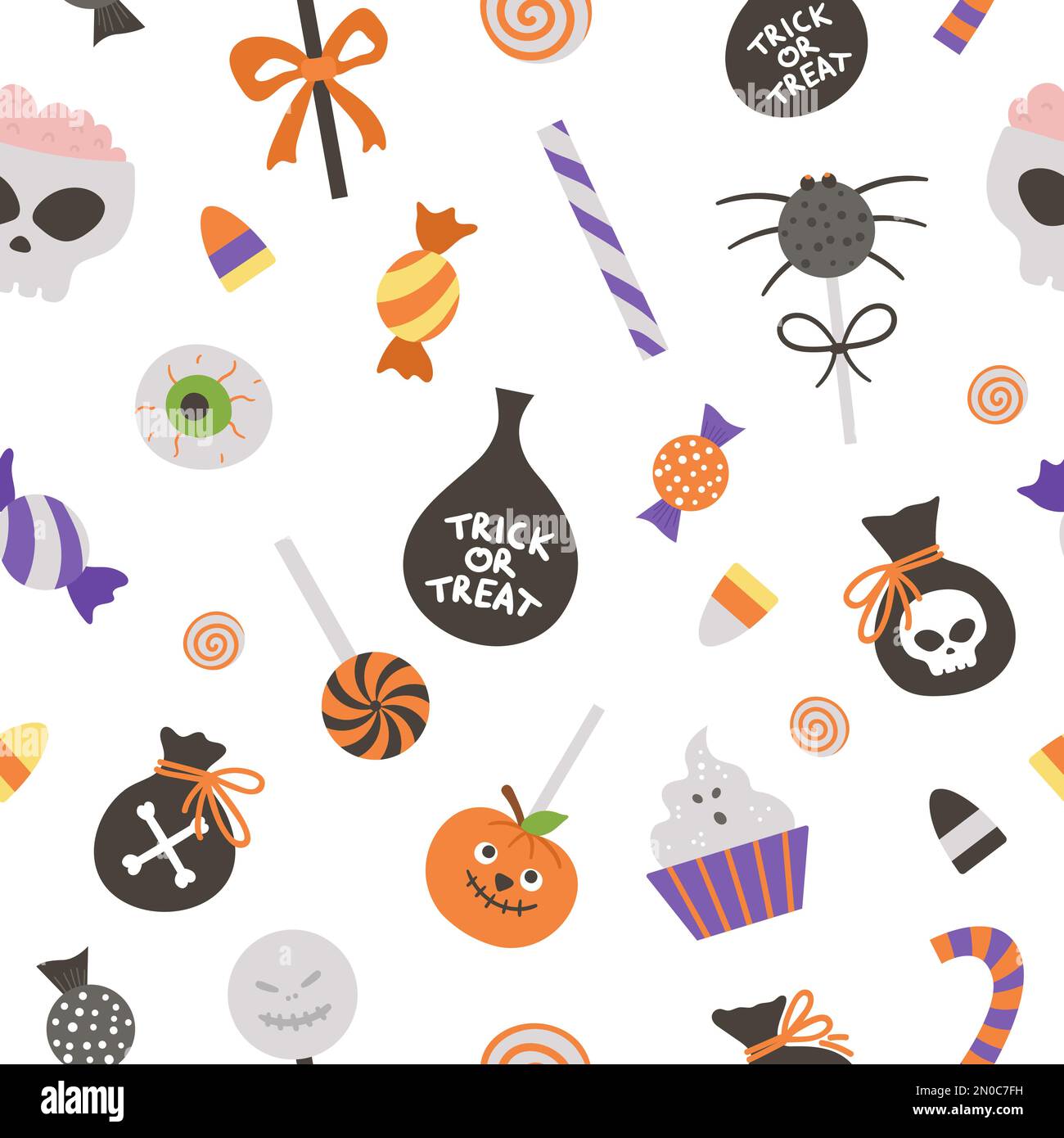 Nahtloses Vektormuster mit Süßigkeiten für Trick- oder Leckereien. Traditioneller kulinarischer Hintergrund für Halloween-Partys. Digitalpapier mit gruseligen Lollypops, Karamell, Stock Vektor