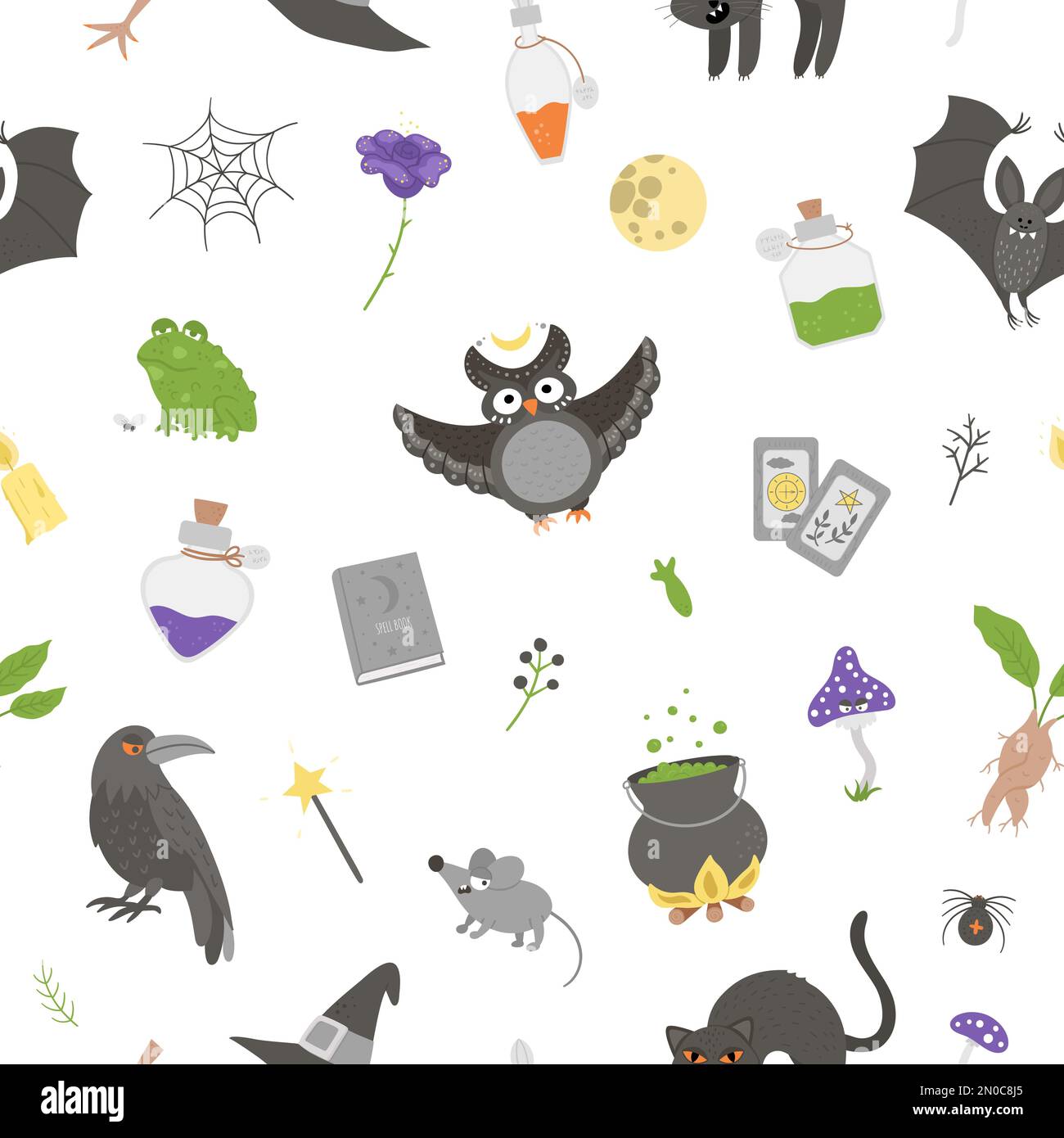 Nahtloses Muster mit Vektorhexenelementen. Digitalpapier mit Halloween-Symbolen. Süßer Herbst, alle Heiligen, mit schwarzer Katze, Zauberbuch Stock Vektor
