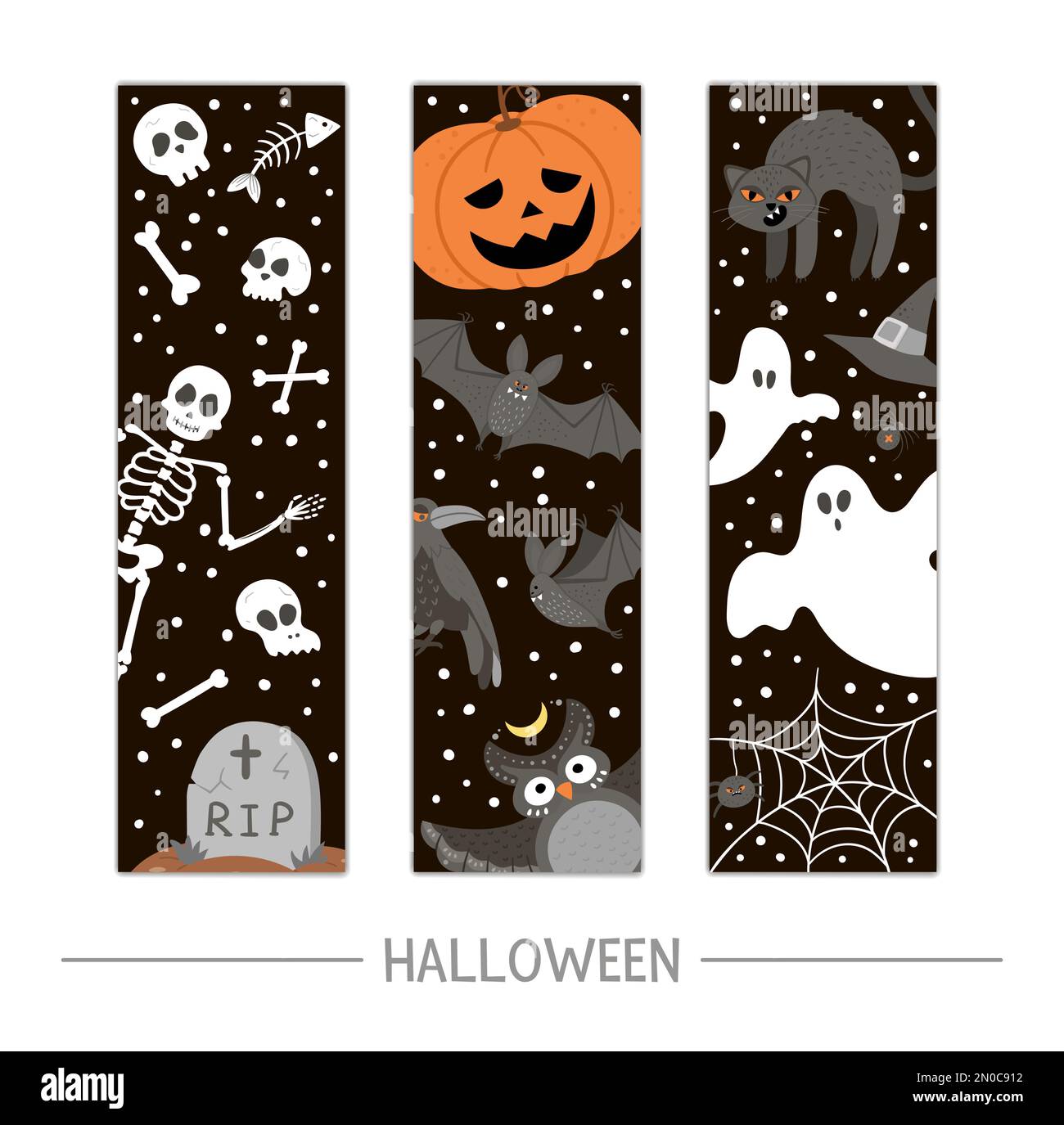 Vector zurück zur Schule Halloween-Lesezeichen gesetzt. Lustiges Allheiligen-Design für Banner, Poster, Einladungen. Vertikale Kartenvorlage mit Skelett, pu Stock Vektor