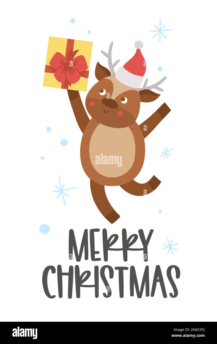 Vektorhirsch mit rotem Hut und Schneeflocken. Süßes Wintertier-Illustration. Lustiges Weihnachtskartendesign. Neujahrsaufdruck mit lächelndem Zeichen Stock Vektor