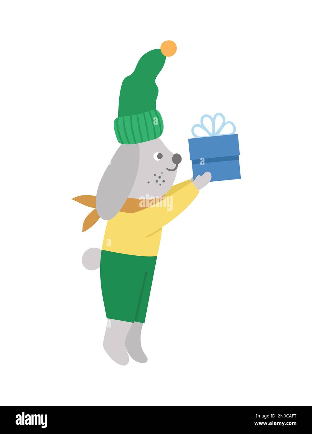 Vektorhasen in Hut und Pullover mit Geschenk. Süßes Wintertier-Illustration. Lustiges Weihnachtskartendesign. Neujahrsaufdruck mit lächelndem Charakter Stock Vektor