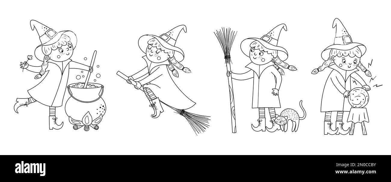 Ein Set süßer schwarz-weißer Vektorhexen. Halloween-Charaktere-Ikonensammlung. Lustige Herbstseite mit Mädchen auf einem Besen, Witzbold Stock Vektor