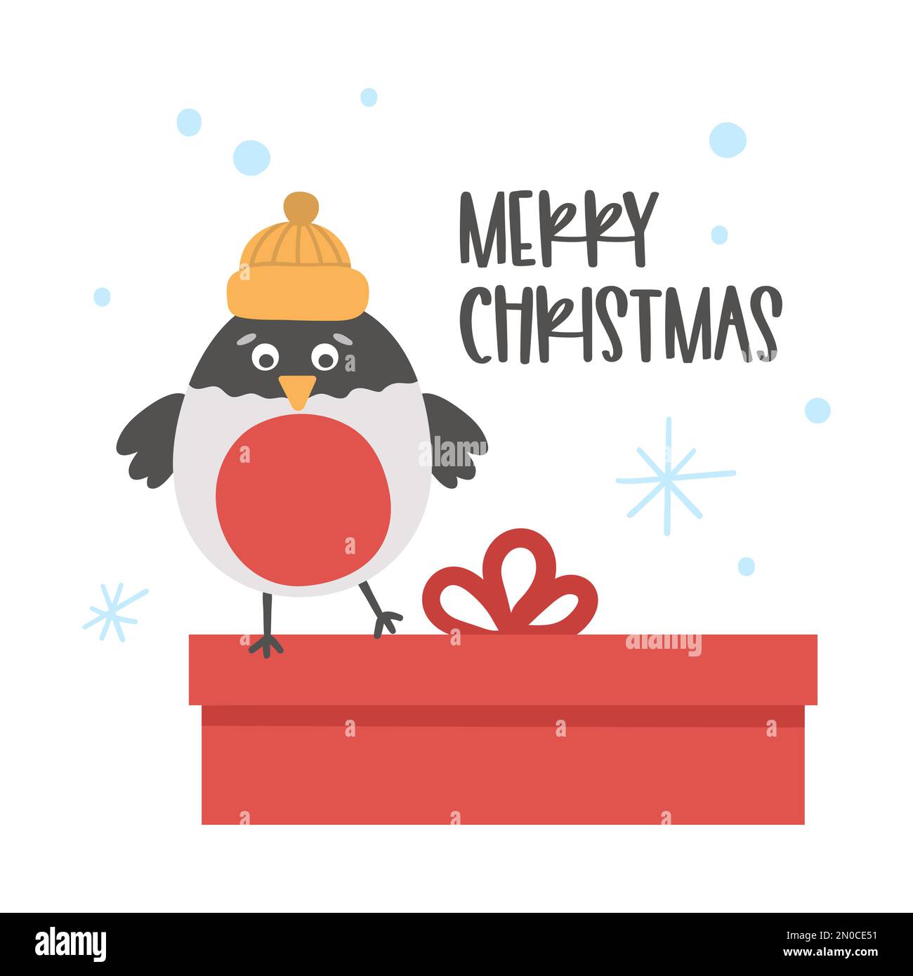 Vektor-Bullfink im Hut mit Geschenk und Schneeflocken. Süße Wintervogel-Illustration. Lustiges Weihnachtskartendesign. Neujahrsaufdruck mit lächelndem Charakter Stock Vektor