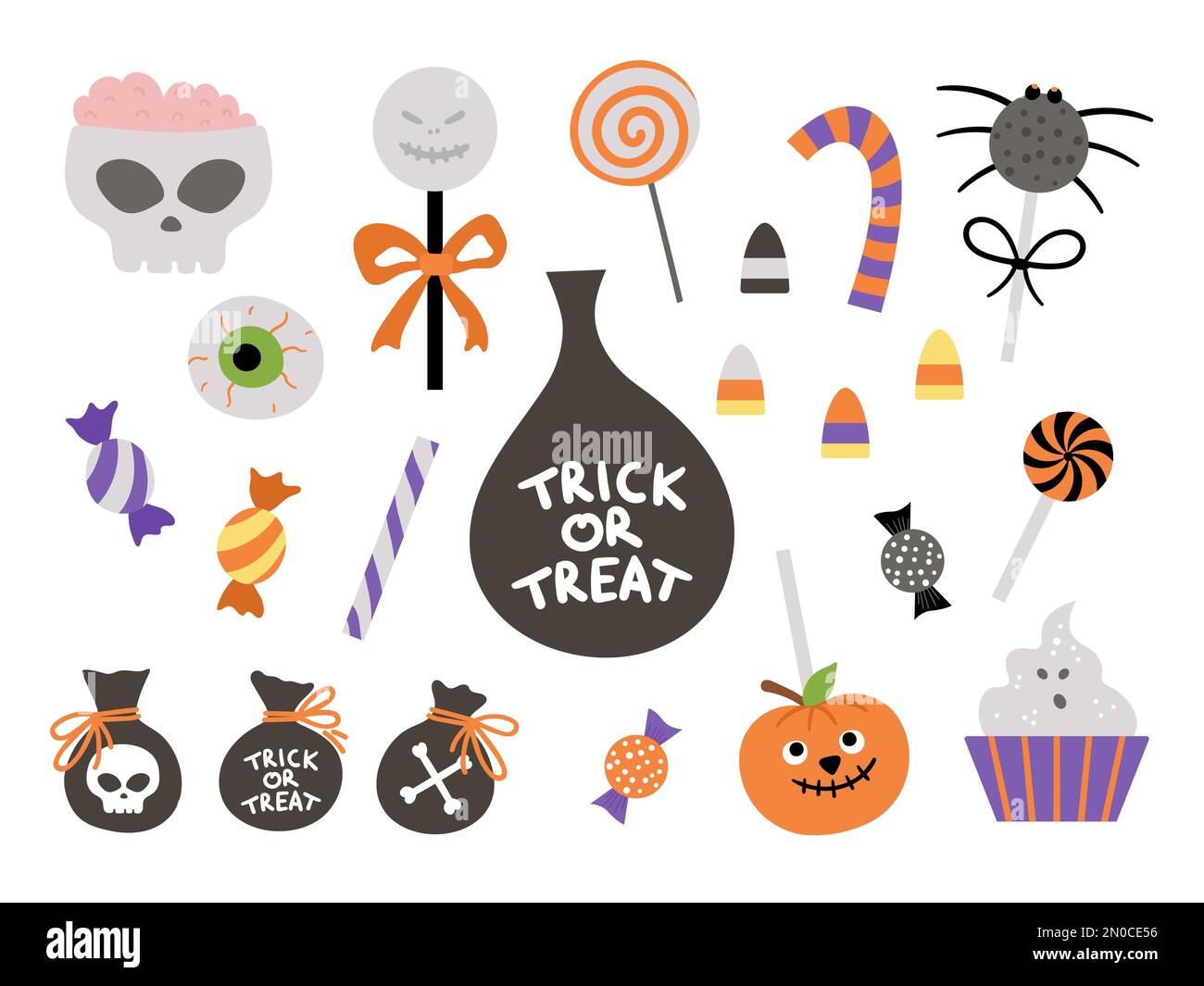 Set mit Vektorsüßen für Süßes- oder Süßes-Spiel. Traditionelles Essen für Halloween-Partys. Gruselige Lollypops, Karamell, Zuckerstangen-Sammlung. Spider, Geist, Schurke Stock Vektor