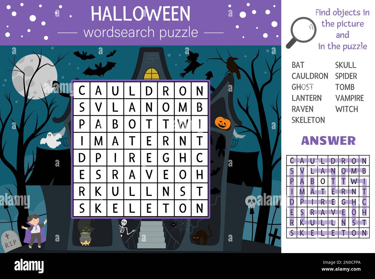 Vector-Halloween-Wortsuche-Rätsel für Kinder. Einfaches Kreuzworträtsel mit Spukhaus und traditionellen gruseligen Objekten für Kinder. Schlüsselwort Activ für Bildungszwecke Stock Vektor