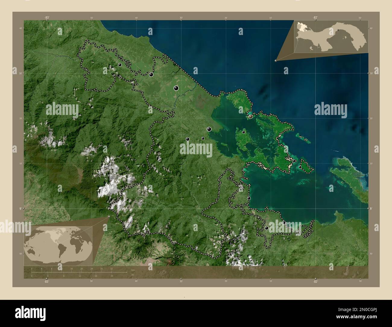 Bocas del Toro, Provinz Panama. Hochauflösende Satellitenkarte. Standorte der wichtigsten Städte der Region. Eckkarten für zusätzliche Standorte Stockfoto