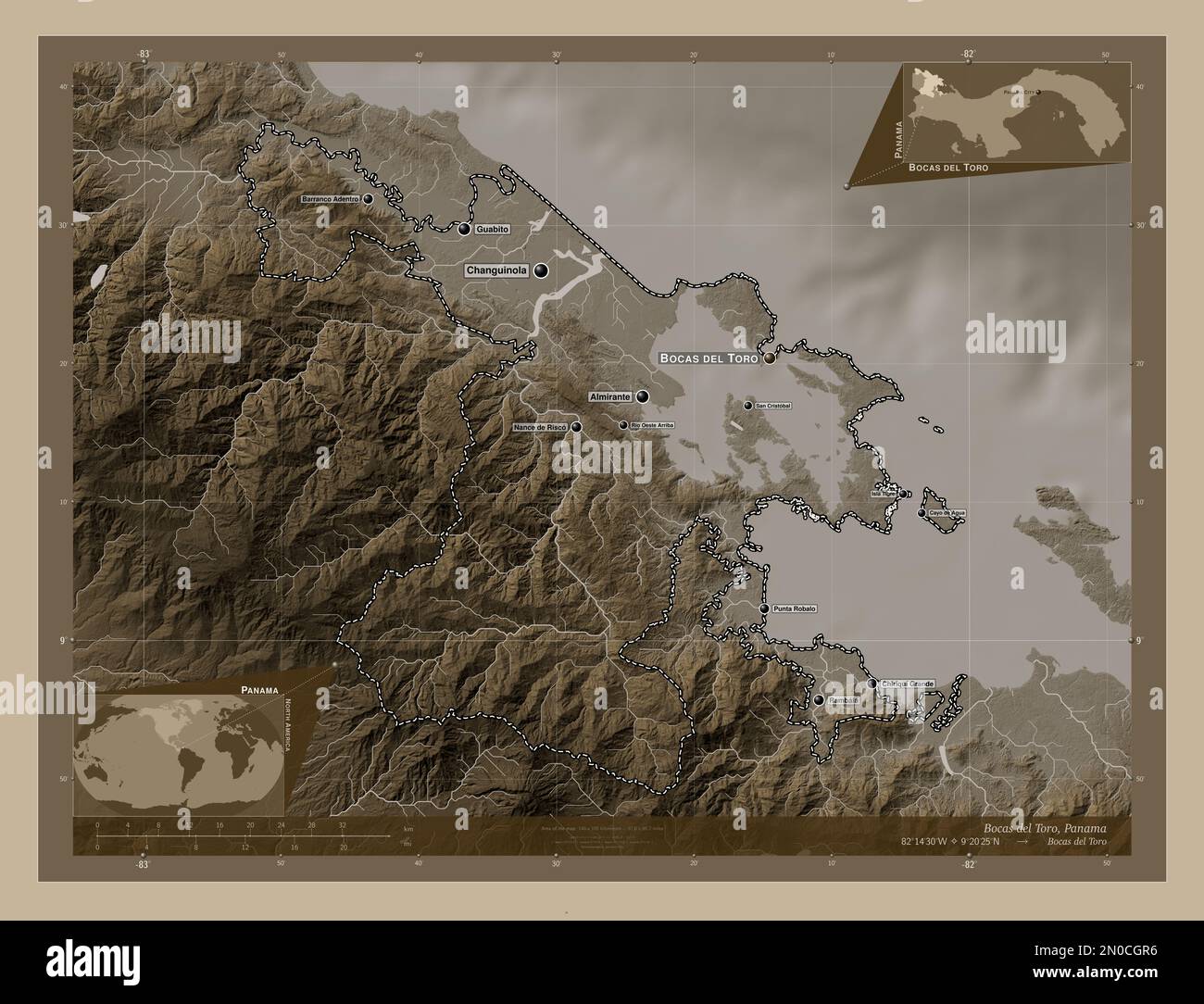 Bocas del Toro, Provinz Panama. Höhenplan in Sepia-Tönen mit Seen und Flüssen. Standorte und Namen der wichtigsten Städte der Region. Korr Stockfoto
