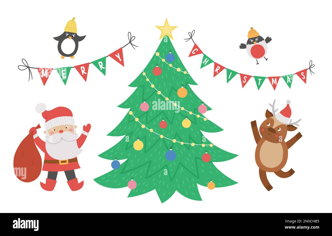 Süße Weihnachtsszene mit Weihnachtsmann, Hirsch, Tannenvögeln und Dreiecksflaggen. Winterillustrierung mit Tieren. Lustiges Kartendesign. Neujahrsdruck mit Stock Vektor