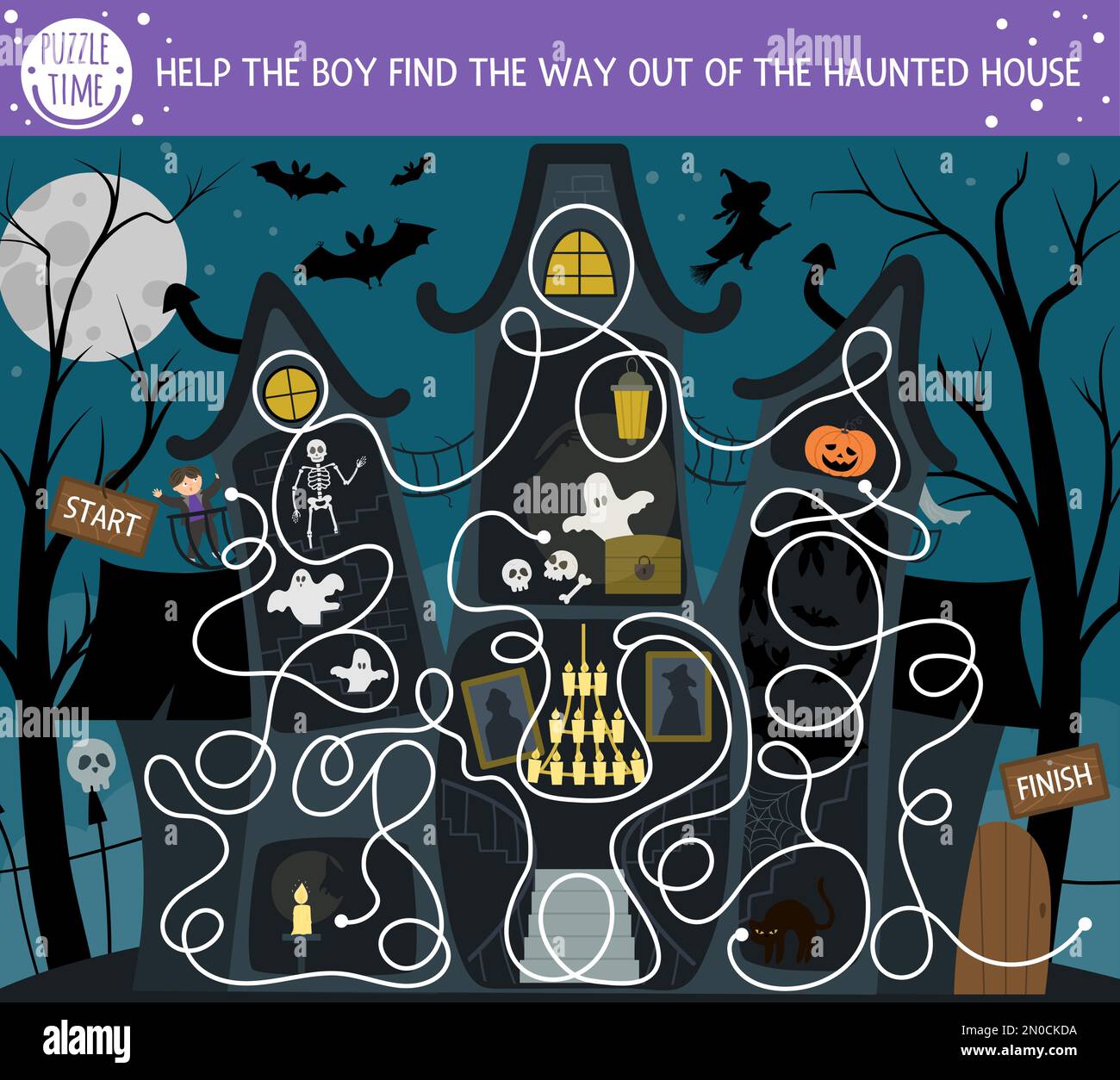 Halloween-Labyrinth für Kinder. Druckbare pädagogische Aktivität im Frühjahr. Lustiger Tag des toten Spiels oder Puzzle mit gruseliger Szene. Hilf dem Jungen beim Finden Stock Vektor