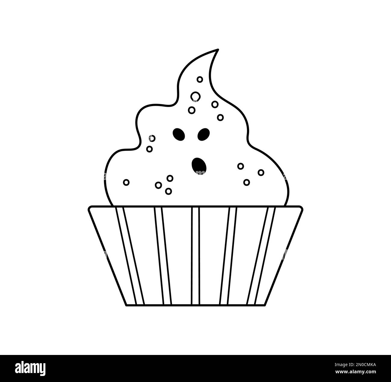 Vector schwarz-weiß süß für Trick-or-Treat-Spiel. Ein gruseliger Geist wie ein Cupcake. Traditionelles Essen für Halloween-Partys. Monsterförmiges Dessert isoliert auf w Stock Vektor