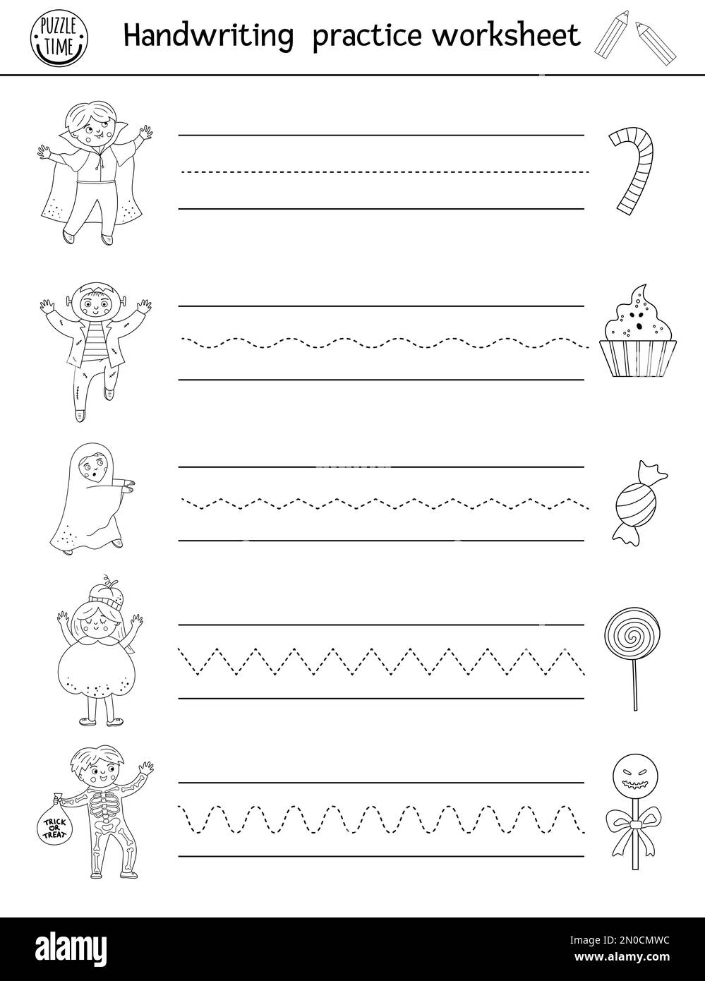Vector Halloween Handschrift Übungsblatt. Bedruckbare Schwarz-Weiß-Aktivitäten für Vorschulkinder. Pädagogisches Spiel für Schreibfähigkeiten devel Stock Vektor