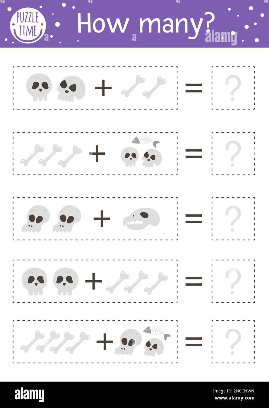 Halloween-Zählspiel mit Skulls und Knochen. Herbstaktivität für Vorschulkinder. Ausdruckbares mathematisches Arbeitsblatt für Bildungszwecke mit gruseligen Elementen für KI Stock Vektor