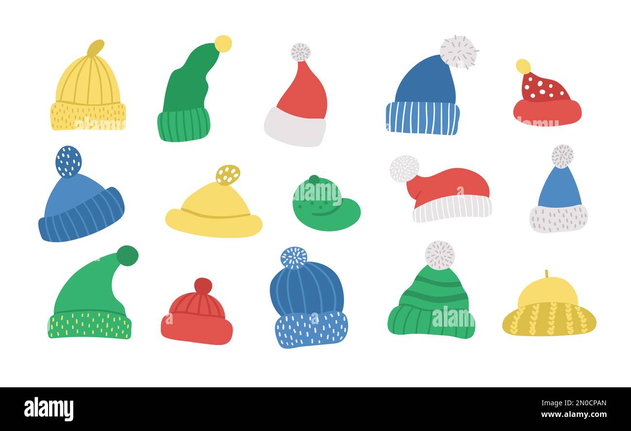 Vektorset mit süßen Hüten. Lustige Kollektion warmer Kopfkleidung. Herbst- oder Winter-Accessoire-Icons. Stock Vektor