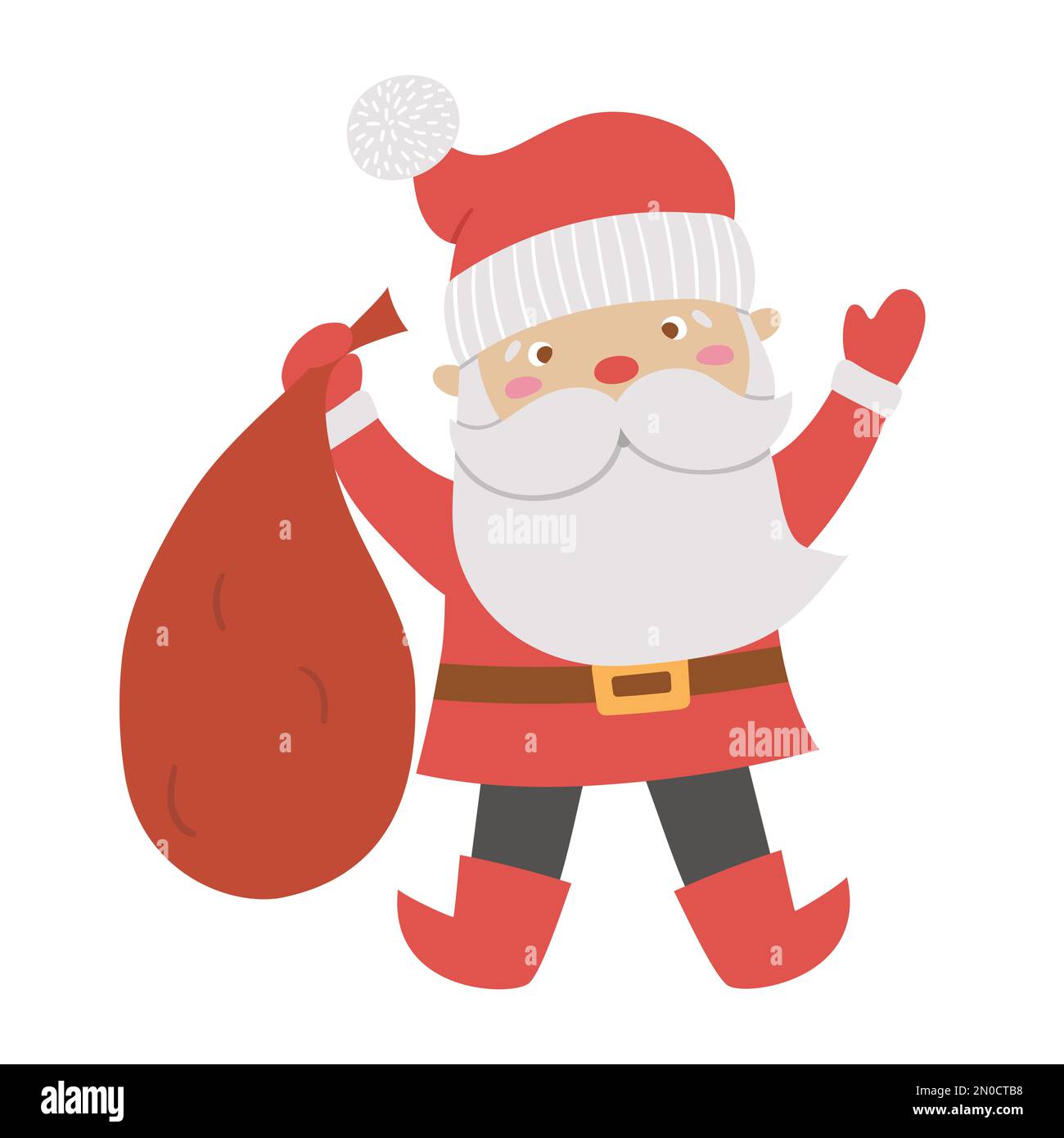 Vektor-Weihnachtsmann mit rotem Sack. Süße Winter Vater Frost Illustration isoliert auf weißem Hintergrund. Lustige, flache Weihnachtsfigur, New Ye Stock Vektor