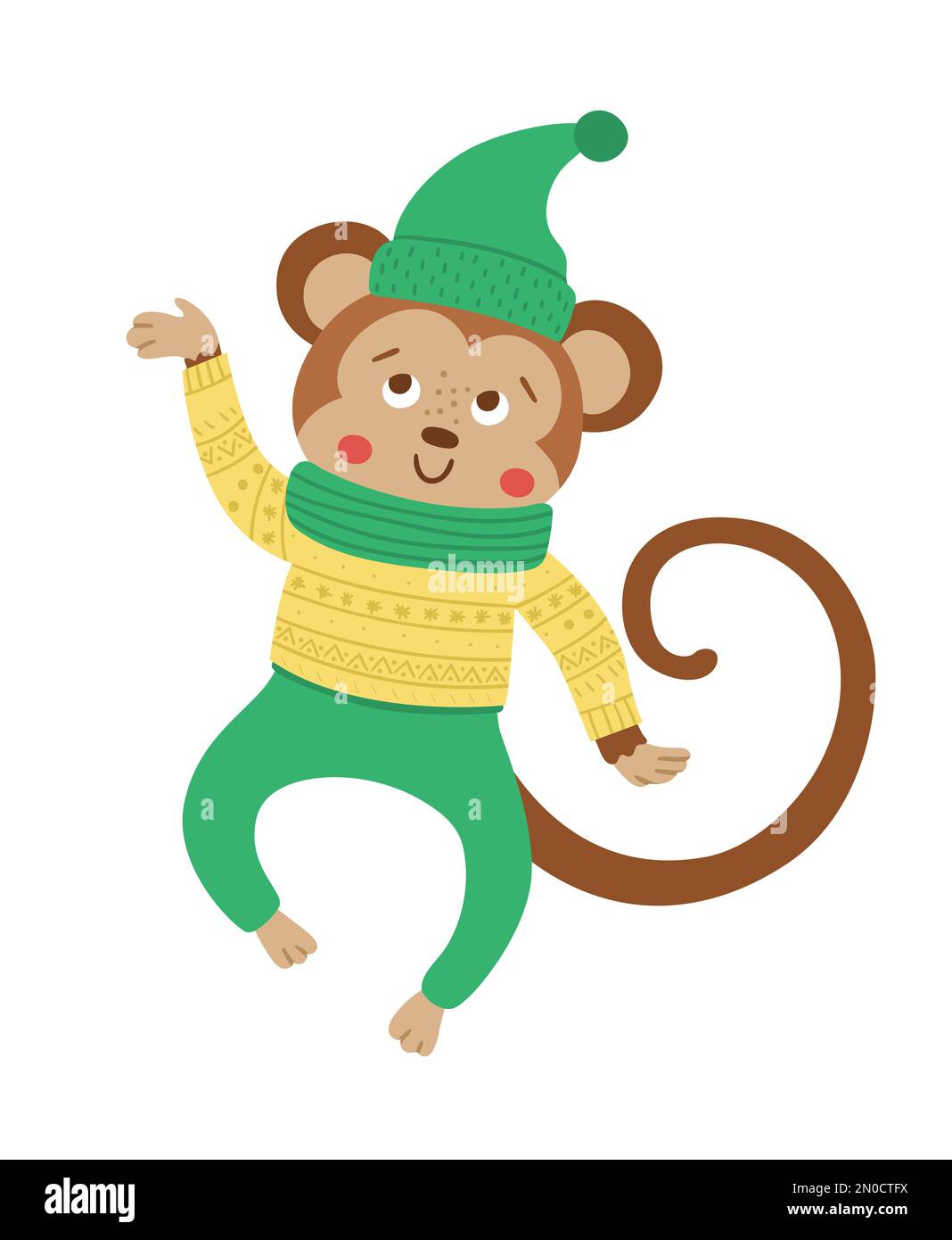 Vektorhüpfender Affe mit Hut, Schal und Pullover. Süßes Wintertier-Illustration. Lustiges Weihnachtskartendesign. Neujahrsaufdruck mit lächelndem Charakter Stock Vektor