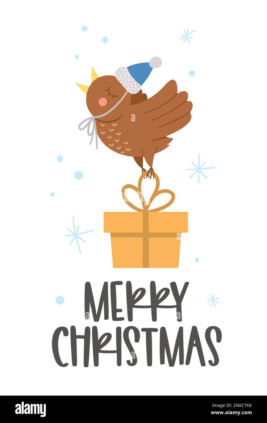 Vektorvogel im Hut mit Geschenk und Schneeflocken. Süßes Wintertier-Illustration. Lustiges Weihnachtskartendesign. Neujahrsaufdruck mit lächelndem Charakter Stock Vektor