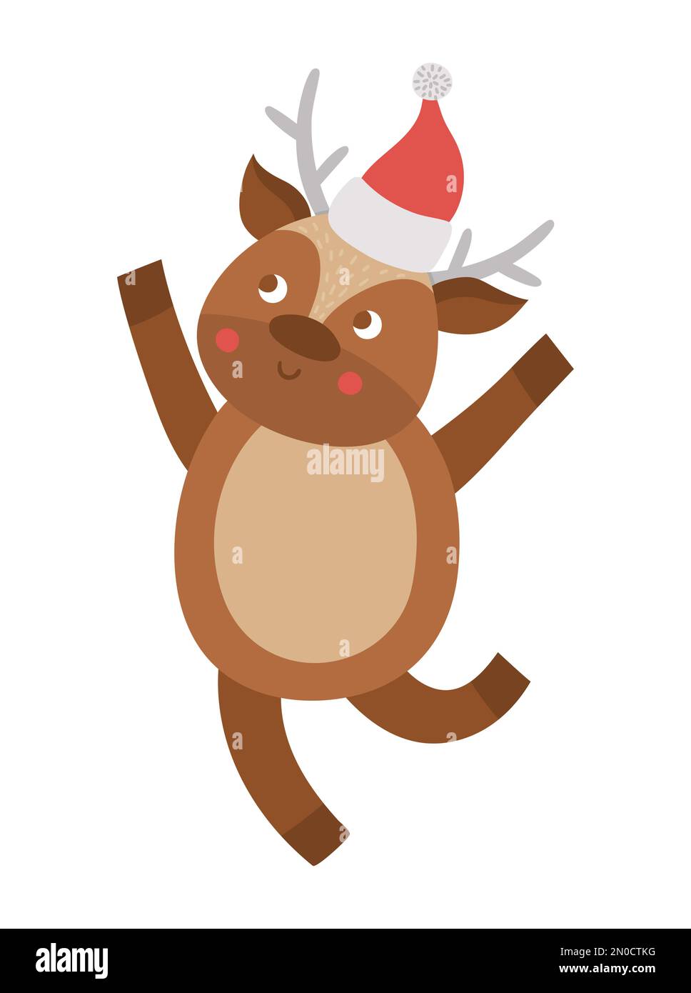 Vektorhirsch mit rotem Hut. Süßes Wintertier-Illustration. Lustiges Weihnachtskartendesign. Neujahrsaufdruck mit lächelndem Charakter Stock Vektor