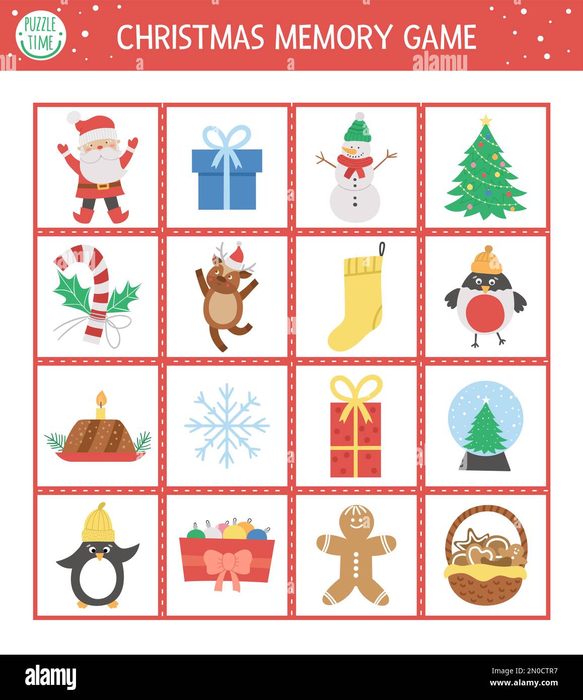 Weihnachtskarten mit traditionellen Weihnachtssymbolen. Passende Aktivität zu lustigen Charakteren. Denken Sie daran und finden Sie die richtige Karte. Einfacher Winter p Stock Vektor