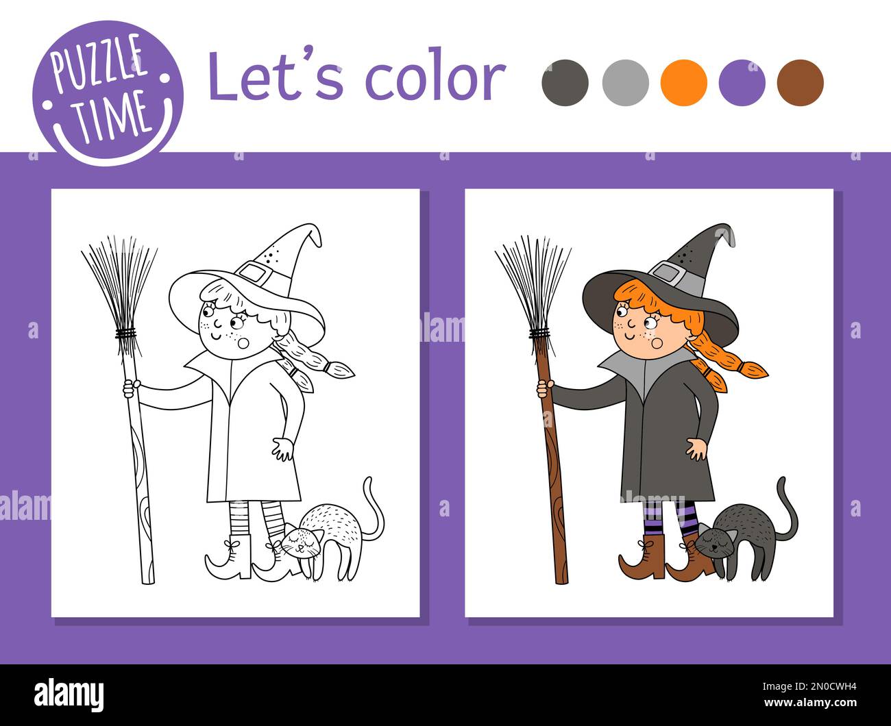 Halloween-Malseite für Kinder. Süße, lustige Hexe mit Besen und Katze. Vektorferien im Herbst. Süßes oder Saures Kleid Party Colo Stock Vektor