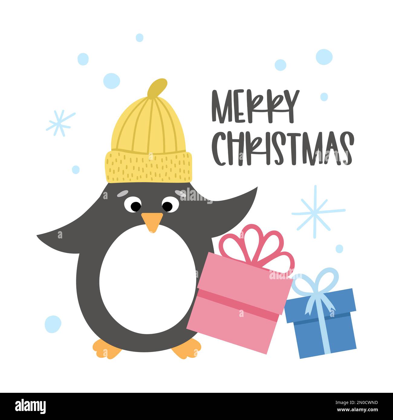 Vektorpinguin mit Hut, Geschenke und Schneeflocken. Süße Wintervogel-Illustration. Lustiges Weihnachtskartendesign. Neujahrsaufdruck mit lächelndem Charakter Stock Vektor