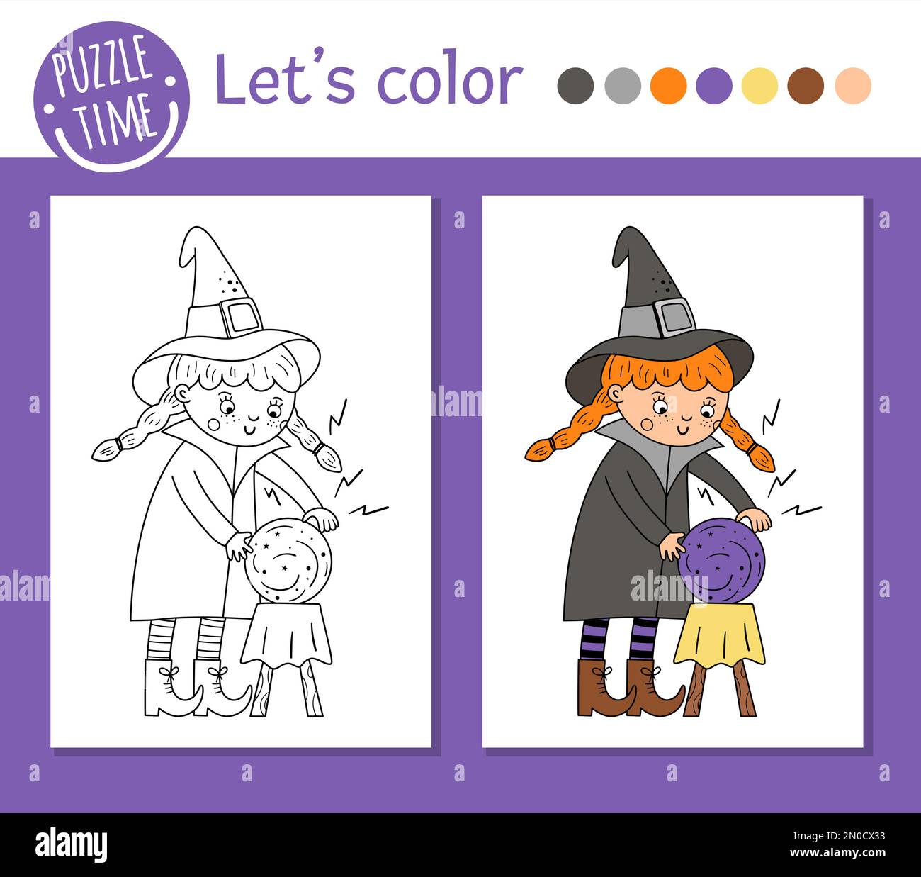Halloween-Malseite für Kinder. Süße, lustige Hexe mit Zauberball. Vektorferien im Herbst. Süßes oder Saures Kleid Partyfarbe b Stock Vektor