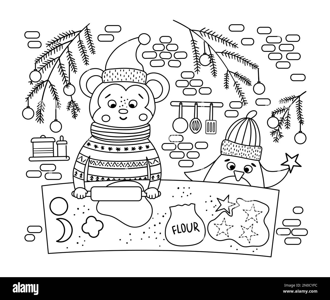 Süße schwarz-weiße Weihnachtsszene mit Affen- und Pinguin-Backkeksen. Illustration der Winterlinie mit Tieren. Lustiges Kartendesign. Neu Stock Vektor