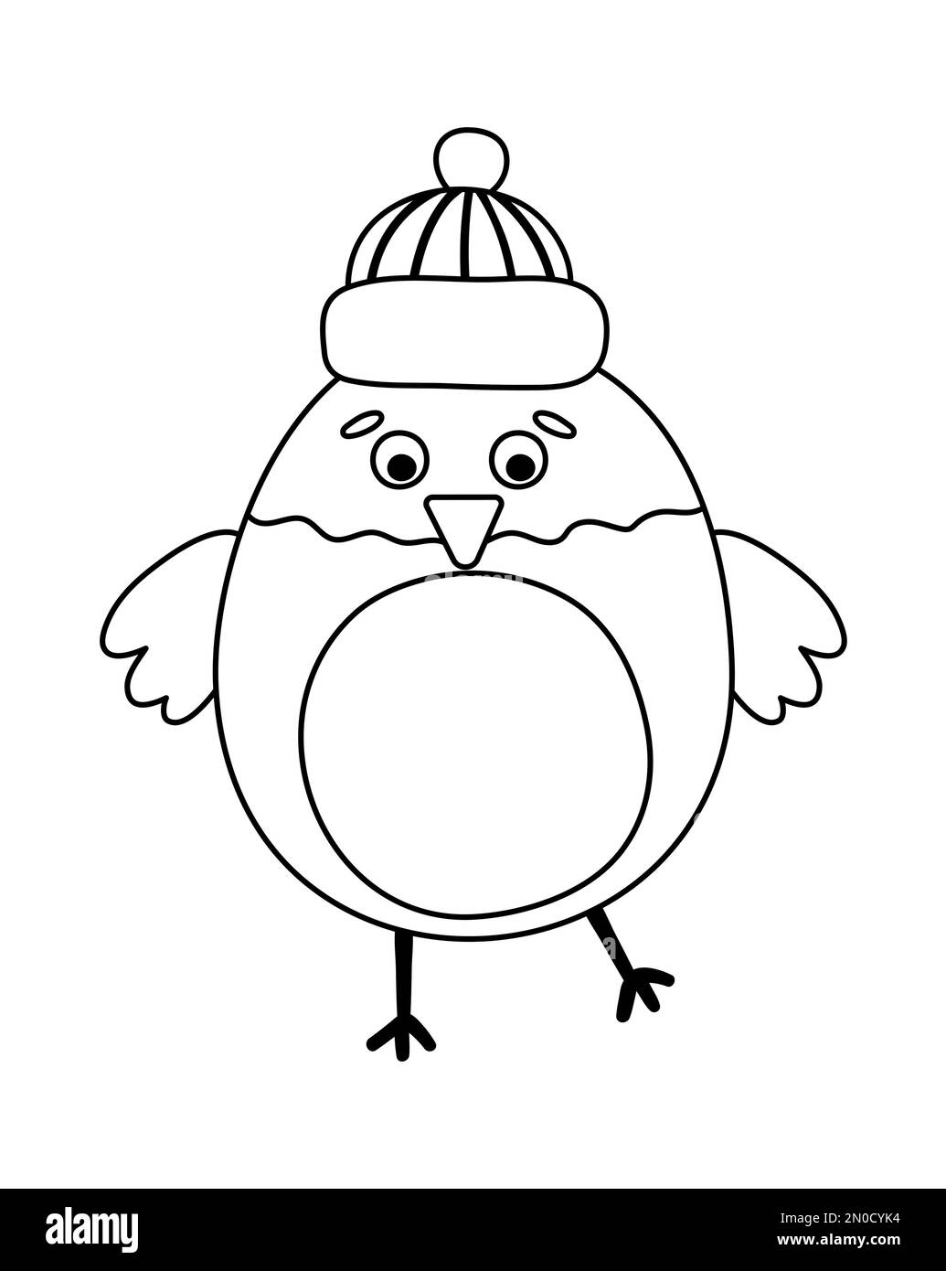 Vector schwarz-weißer Bullfink im Hut. Süße Wintervogel-Illustration. Lustiges Weihnachtskartendesign. Zeilensymbol für neues Jahr mit lächelndem Charakter Stock Vektor