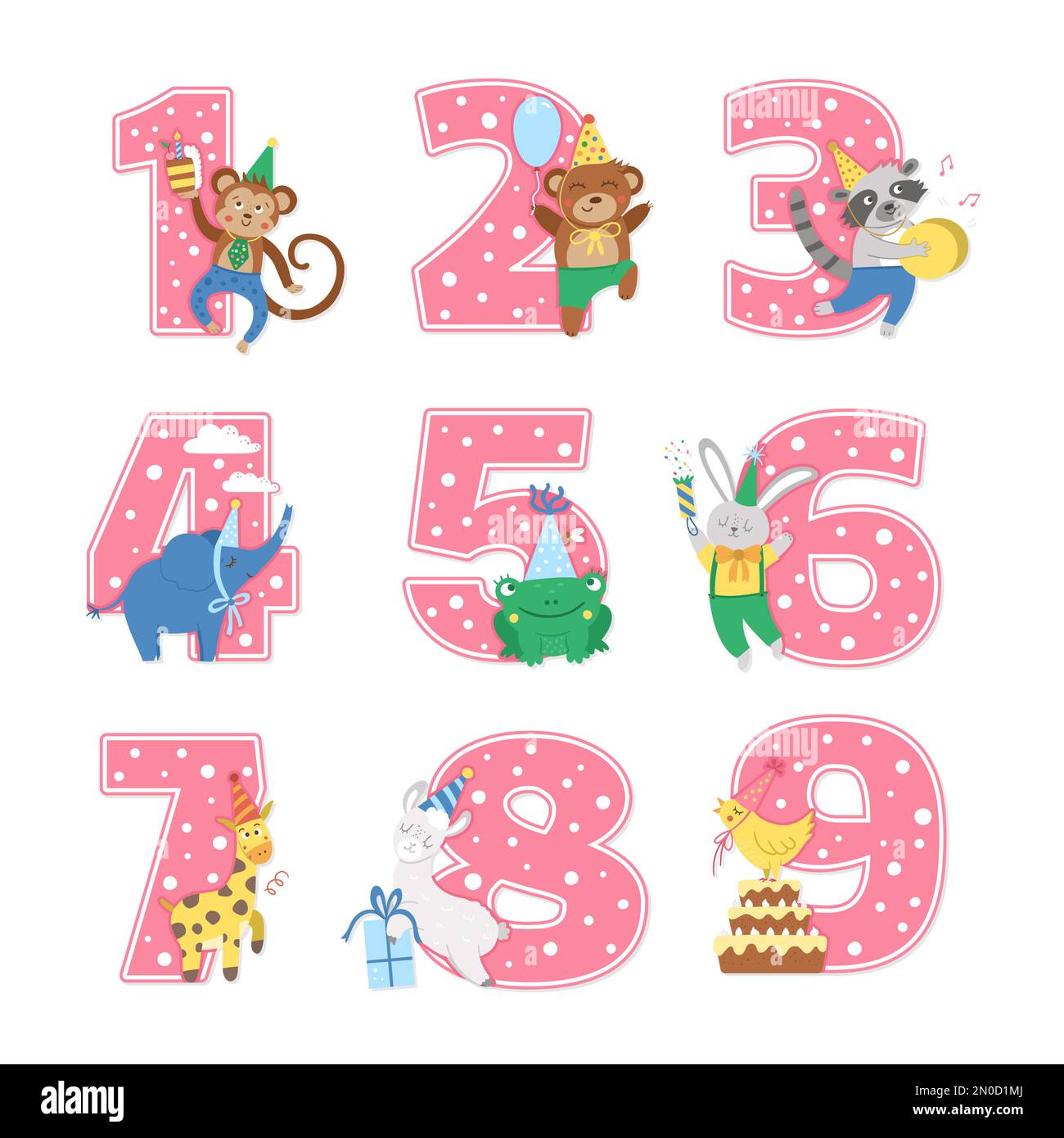 Geburtstagsparty-Nummern mit niedlichen Tieren. Jubiläumskarten-Vorlagen für Kinder. Leuchtend pinkfarbenes Urlaubsbild mit lustigem Wald und tropischem Cha Stock Vektor