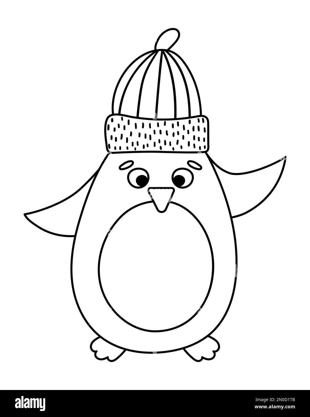 Schwarz-weißer Vektorpinguin mit Hut. Süße Wintervogel-Illustration. Lustiges Weihnachtskartendesign. Zeilensymbol für neues Jahr mit lächelndem Charakter Stock Vektor
