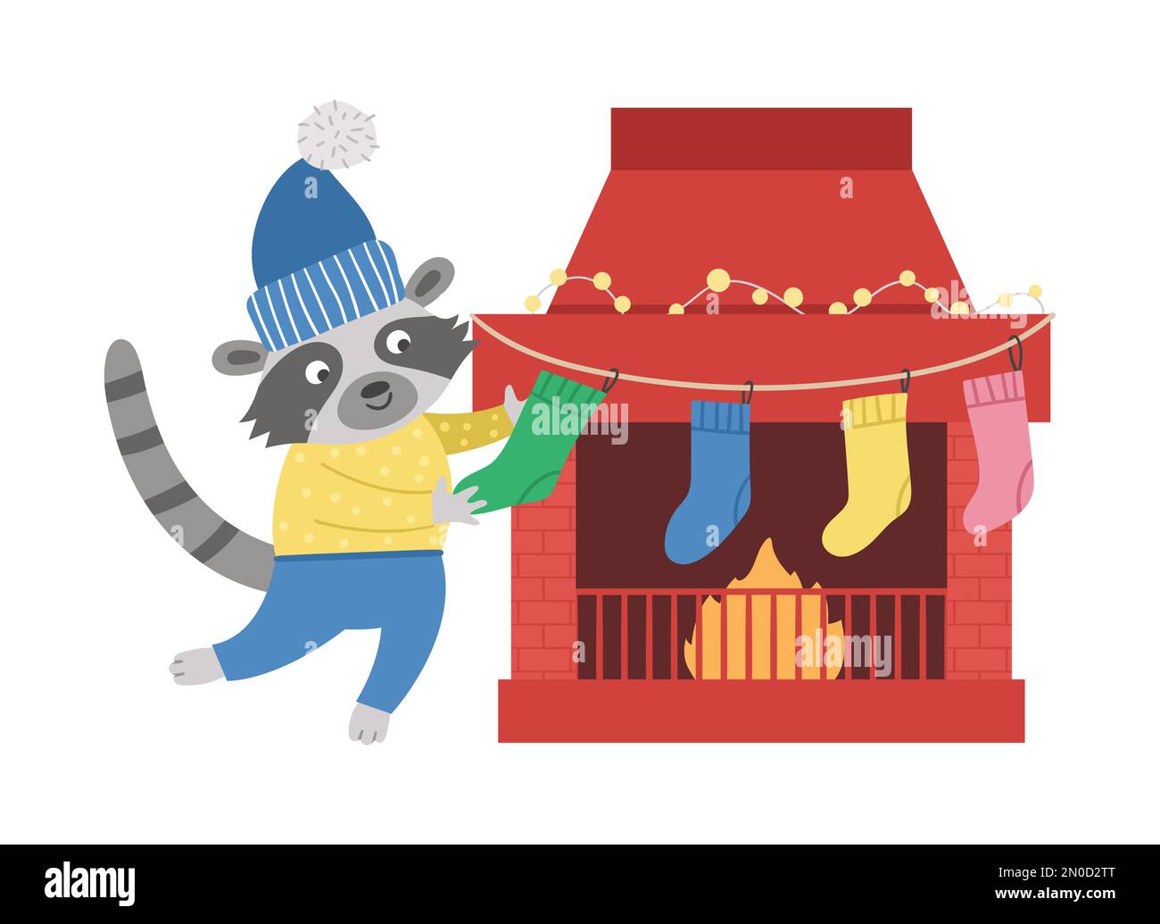 Süße Weihnachtsszene mit Waschbär im Hut und Pullover mit Strümpfen und Kamin. Winterbild mit Tier und Kamin. Lustige Karte Stock Vektor