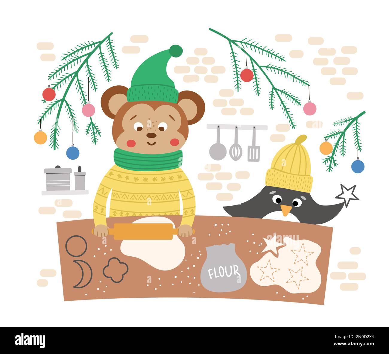 Süße Weihnachtszubereitungsszene mit Keksen von Affen und Pinguinen. Winterillustrierung mit Tieren. Lustiges Kartendesign. Neujahrsaufdruck mit Smil Stock Vektor