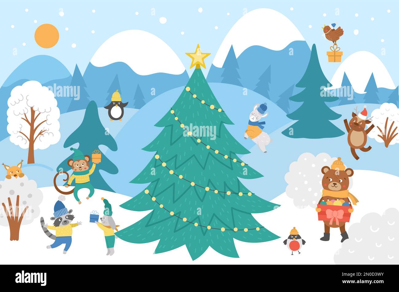 Vektor-Winterwald mit niedlichen Tieren, Tannenbaum, Schnee. Lustige Waldweihnachtszene mit Bär, Eichhörnchen, Affen, Vögeln. Silvester-La Stock Vektor