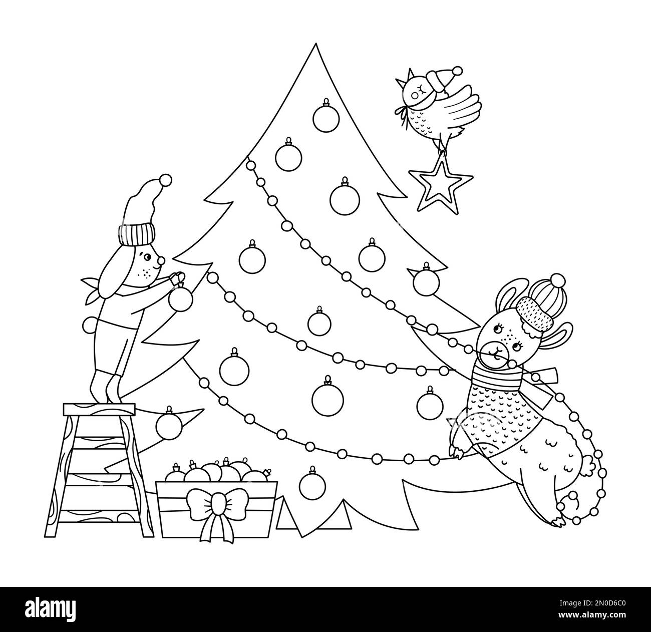 Süße schwarz-weiße Weihnachtsszene mit Hase, Vogel und Lama als Tannenbaum. Illustration der Winterlinie mit Tieren. Lustige Karte Stock Vektor